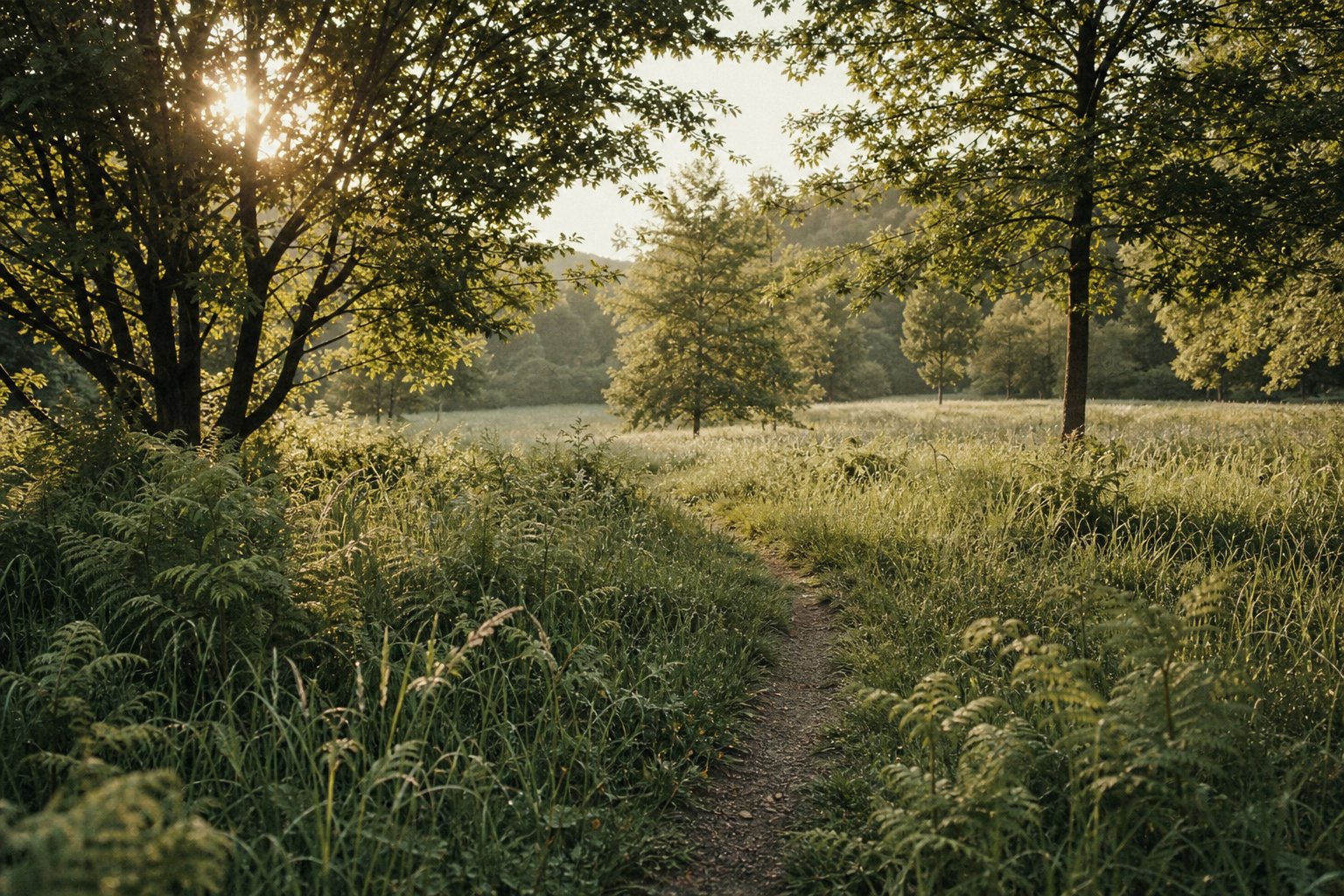 A sunlit path winding quietly through green woodland and grasses